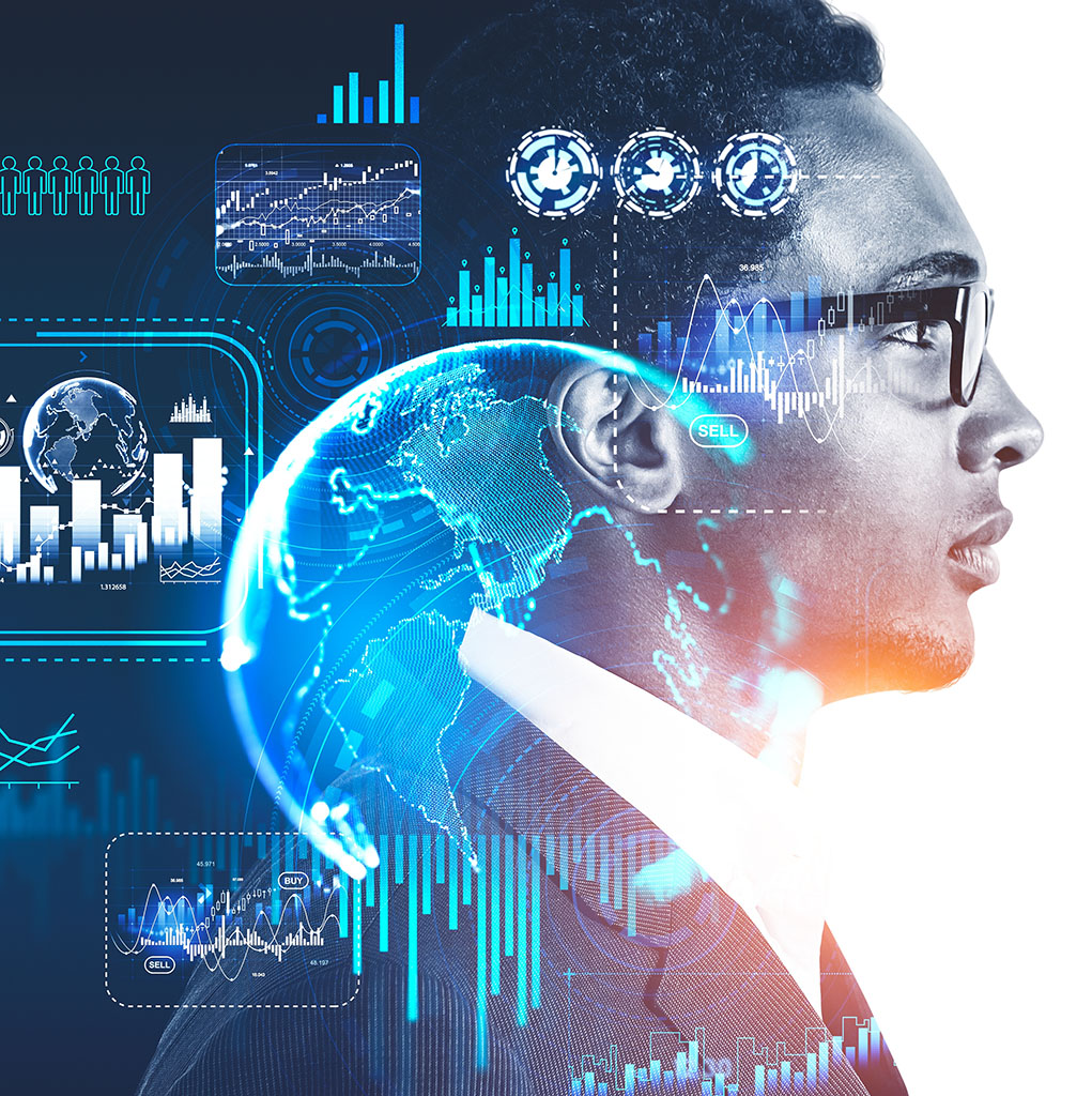 African businessman portrait profile, double exposure hud with forex icons, diagrams and digital icons. Concept of finance and consulting. Copy space